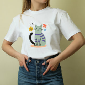 Camiseta Gato Verde Salvia Boho Floral Arte Mid Century