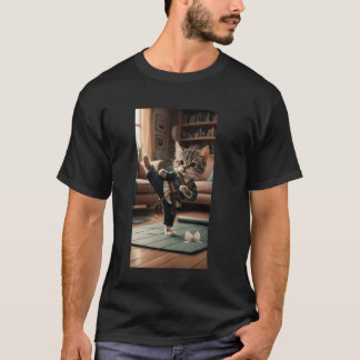 Camiseta Gato Vestido Como Artista Marcial Fazendo Chute Al
