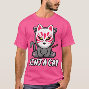 Camiseta Gato Vestindo Kitsune Mask Kawaii Anime Ninja Cat 