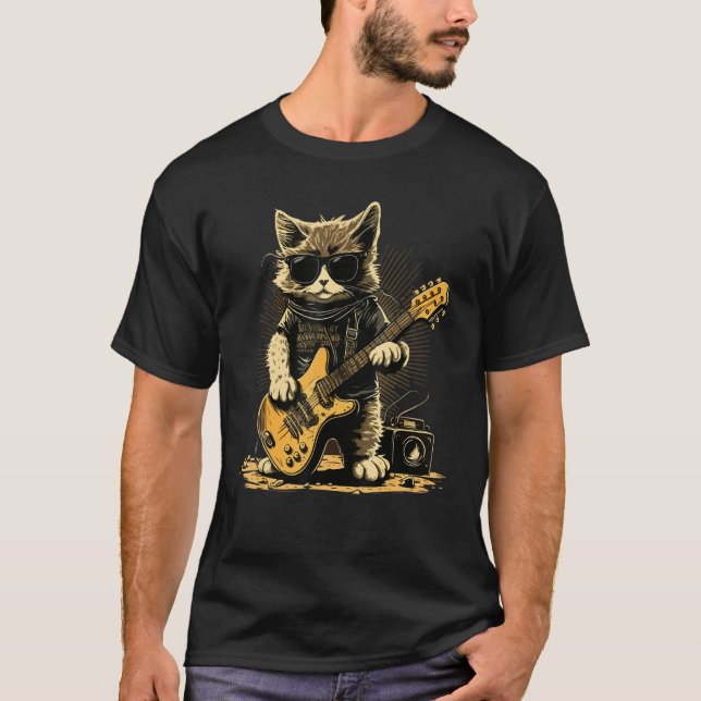 Camiseta Gato vestindo óculos de sol tocando guitarrista (Frente)