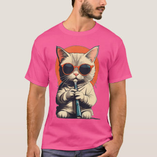 Camiseta Gato Vestindo Óculos Solares Fazendo Flute Engraça