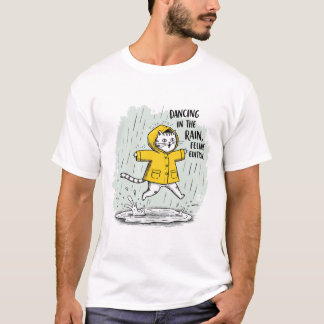 Camiseta Gato vestindo uma capa de chuva, pulando em poças