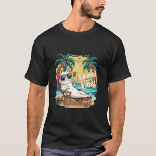 Camiseta Gato Vibrações de Verão Praia Tropical