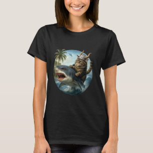 Camiseta Gato Viking Épico Surfando Tubarão Gato Excêntrico