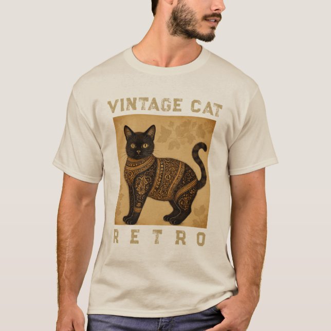 Camiseta Gato Vintage Retro, Estilo Antigo (Frente)