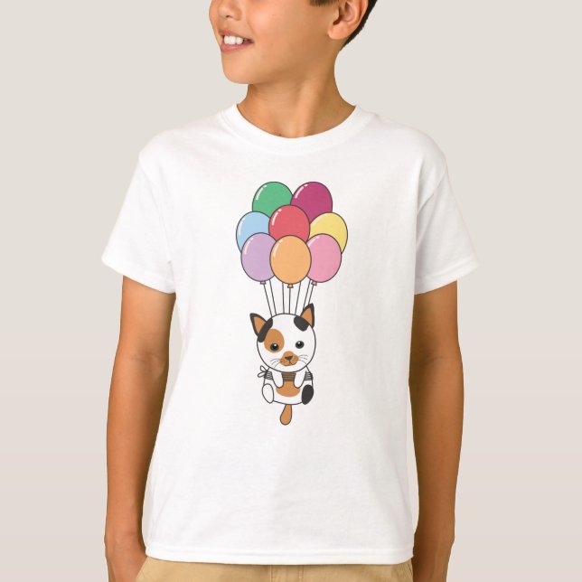 Camiseta Gato Voa Com Balões Coloridos (Frente)