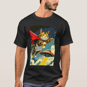 Camiseta Gato Voando Com Novidade de OVNI, Gato Fofo de Cap