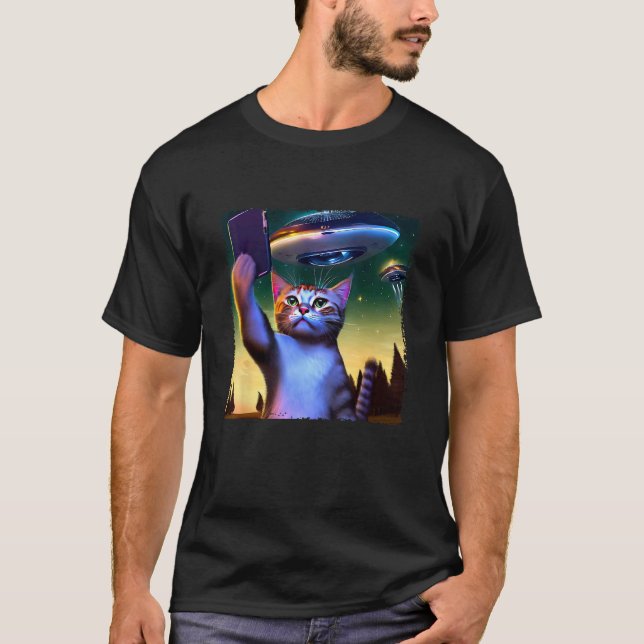 Camiseta Gato Voando Ovni Selfie (Frente)