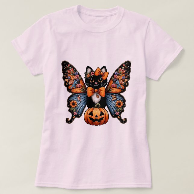 Camiseta Gato Whimsso com Asas Borboletas e Abóbora (Frente do Design)