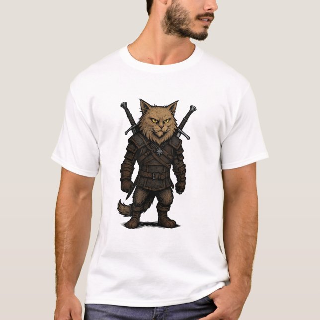 Camiseta Gato Witcher – Guerreiro de Fantasia Medieval (Frente)