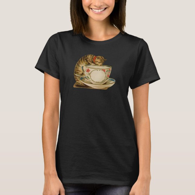 Camiseta Gato Xícara Fofo Vitoriano Antigo Pet Clássico (Frente)