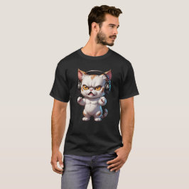 Camiseta gato zangado com fones de ouvido e gato zangado
