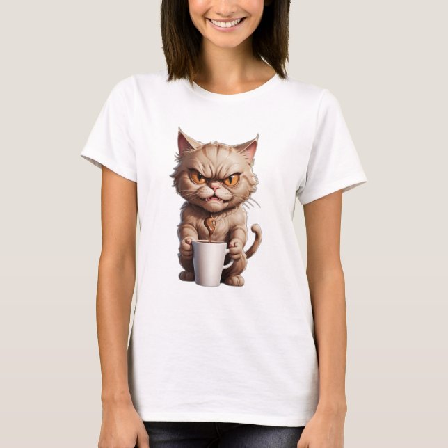 Camiseta Gato zangado com uma caneca de café, um gato engra (Frente)