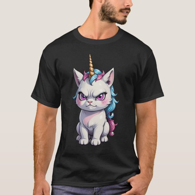 Camiseta Gato zangado e monocórnico gato engraçado (Frente)