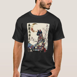 Camiseta Gato Zen Japonês Geisha Quimono Lua Crescente Retr
