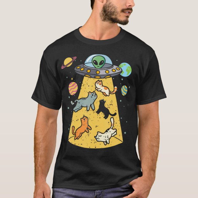Camiseta Gatos Abdução Alienígena Ufo Disco Voador Espaço (Frente)