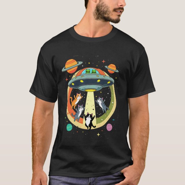 Camiseta Gatos Abdução Alienígena UFO Disco Voador Espaço M (Frente)