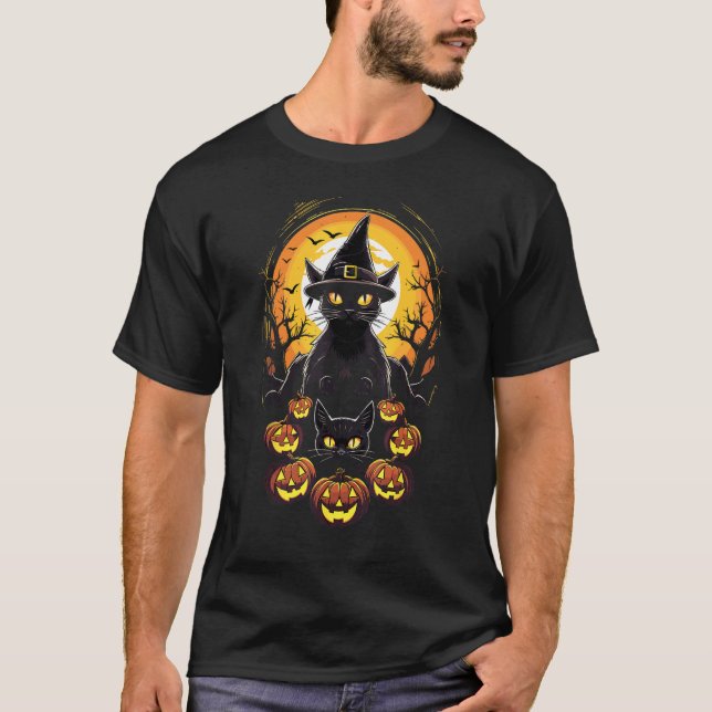 Camiseta Gatos Assustadores e Abóboras Chapéu de Bruxa de H (Frente)