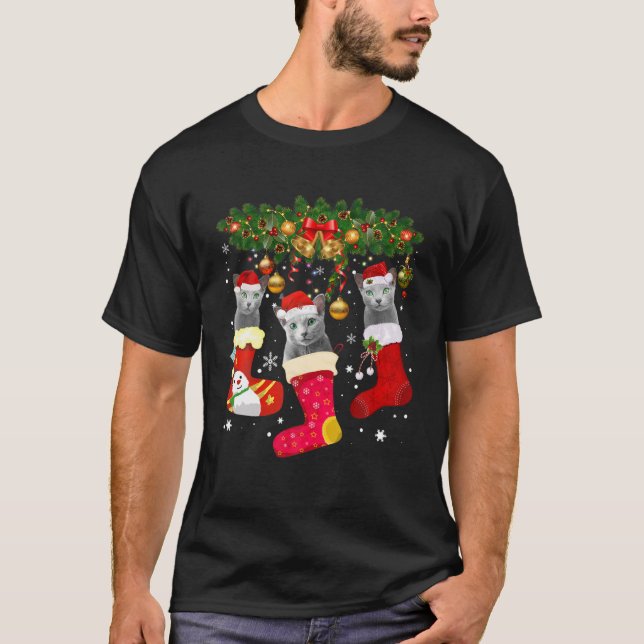 Camiseta Gatos Azuis Russos De Natal Engraçados Russos (Frente)