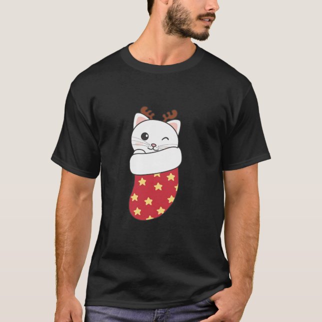 Camiseta Gatos Bonitos Na Meia De Natal Para Gato De Natal (Frente)