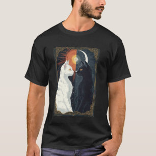 Camiseta Gatos Brancos e Pretos Arte Tarô Lua e Sol