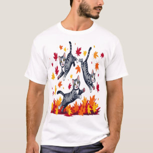 Camiseta Gatos Brincando em Folhas de Outono