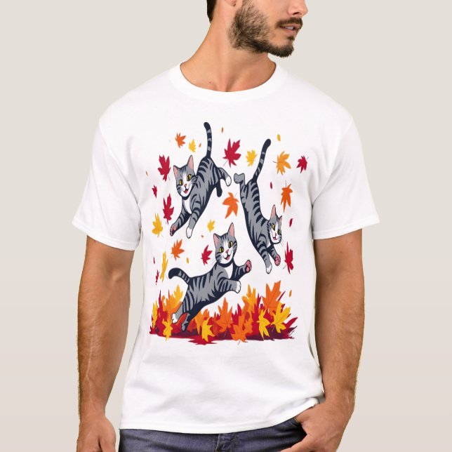 Camiseta Gatos Brincando em Folhas de Outono (Frente)