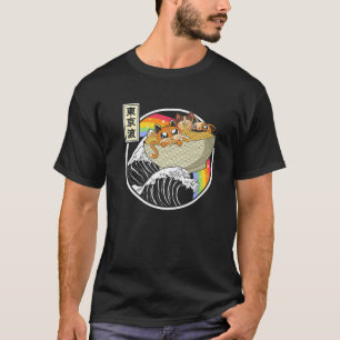 Camiseta Gatos Cachorros Comendo Ramen Kanagawa Onda Rainbo