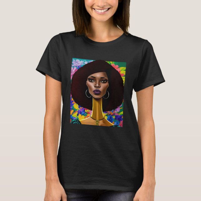 Camiseta Gatos compridos de mulheres negras e flores 5 (Frente)