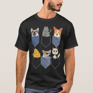 Camiseta Gatos & Corgis Nos Bolsos Gato & Cachorro Corgi Po
