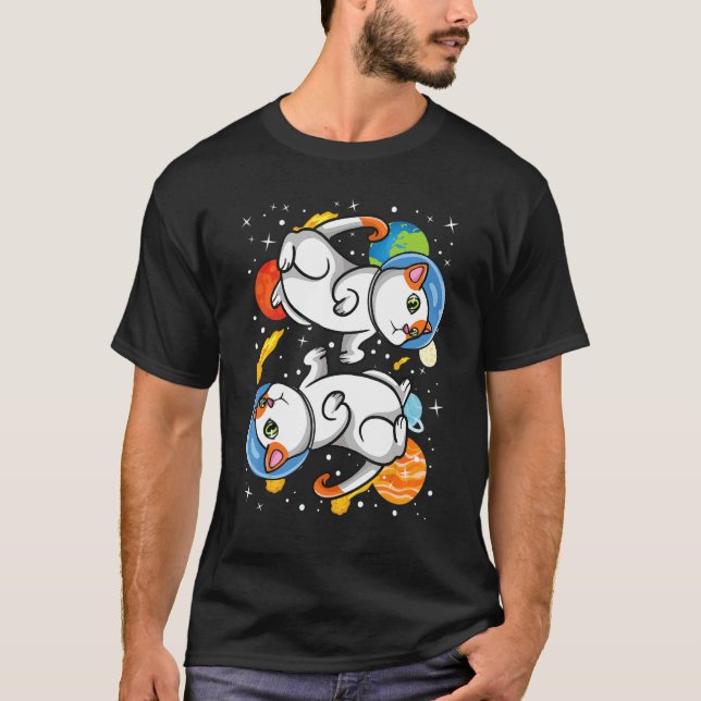 Camiseta Gatos Cósmicos em Astronauta Espacial Exterior par (Frente)