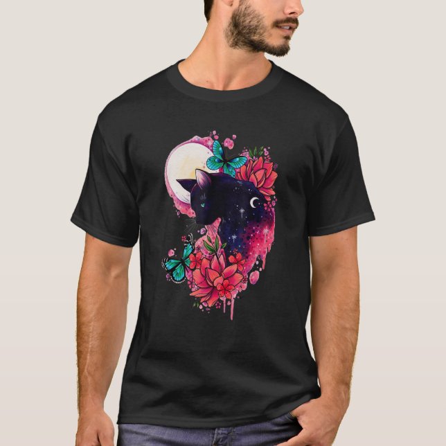 Camiseta Gatos da Meia-Noite Flor Borboletas Lua (Frente)