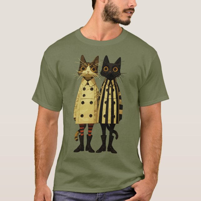 Camiseta Gatos da Moda – Gato Excêntrico em Casacos e Botas (Frente)