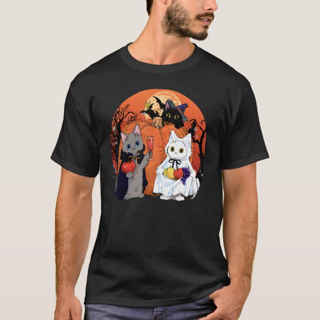 Camiseta Gatos De Abóbora De Halloween Bebem Vinho (Frente)