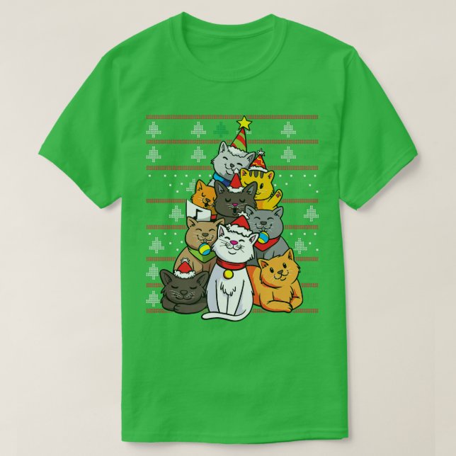 Camiseta Gatos de Árvore de Natal Férias Natal Feriado Engr (Frente do Design)