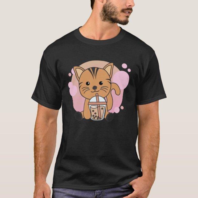 Camiseta Gatos de Bubble Tea com Chá de Chocolate Gato Doce (Frente)