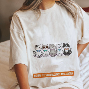 Camiseta Gatos de Desenho Adoráveis Com Gravatas Borboleta 