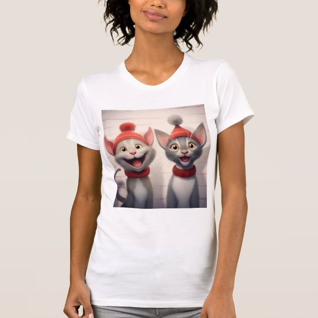 Camiseta Gatos de Desenho Animado Sorridente Com Chapéus Ve (Frente)