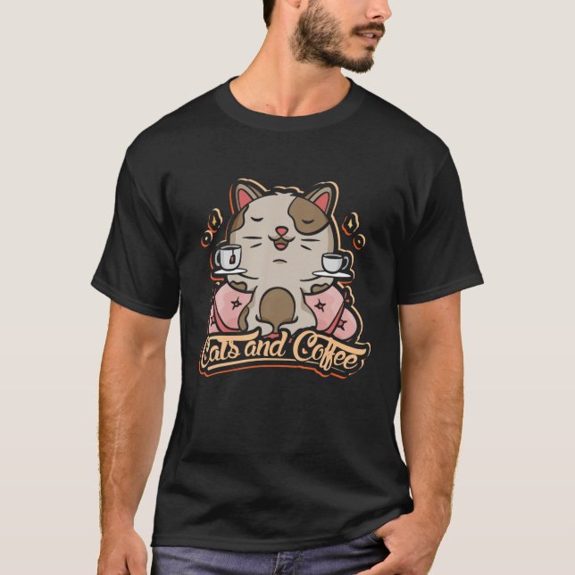 Camiseta Gatos De Design De Café E Café (Frente)