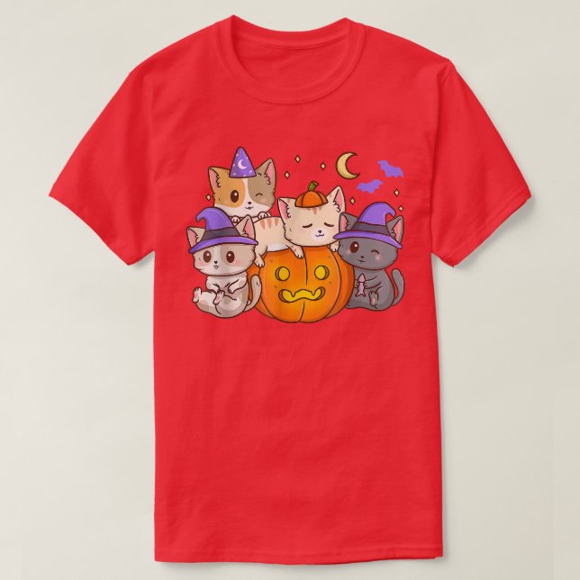 Camiseta Gatos de Halloween Anime Gato Kawaii Neko Pumpkin  (Frente do Design)
