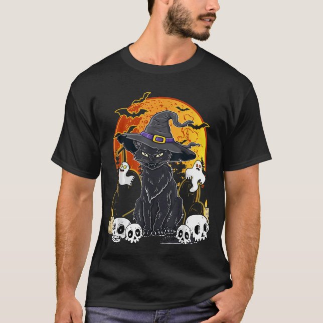 Camiseta Gatos De Halloween Com Roupa De Chapéu De Bruxa, T (Frente)