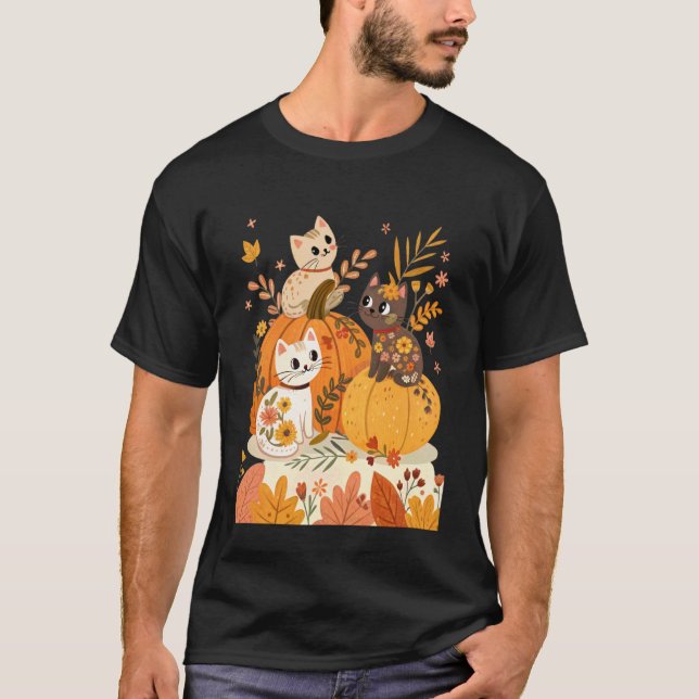 Camiseta Gatos de Halloween Fofos com Abóboras Retro & Flor (Frente)