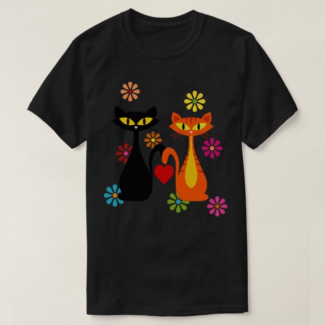 Camiseta Gatos De Meio século Negro E Laranja Apaixonados (Frente do Design)