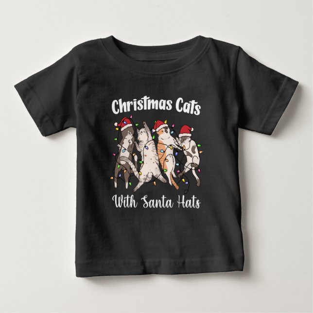 Camiseta Gatos de Natal com Chapéus de Papai Noel Fofos e D (Frente)
