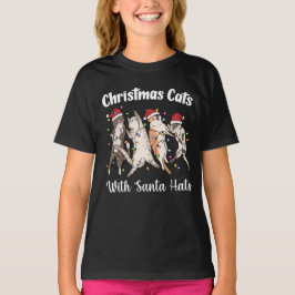 Camiseta Gatos de Natal com Chapéus de Papai Noel Fofos e D