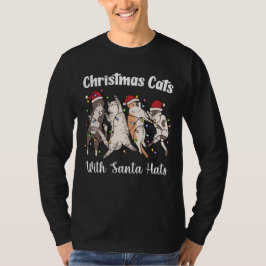 Camiseta Gatos de Natal com Chapéus de Papai Noel Fofos e D