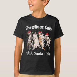 Camiseta Gatos de Natal com Chapéus de Papai Noel Fofos e D