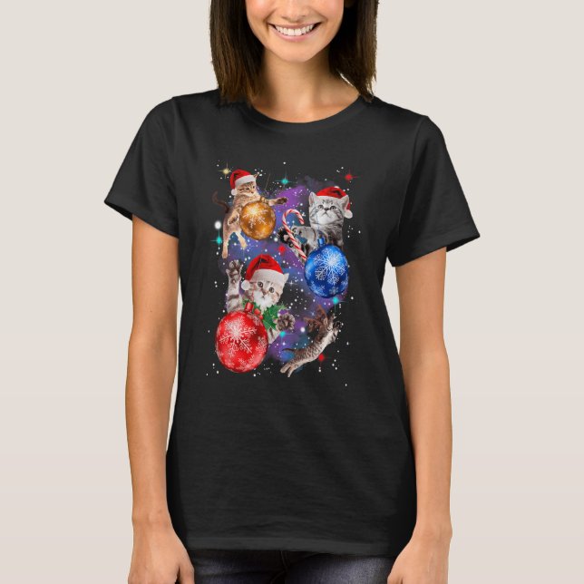 Camiseta Gatos de Natal Fofo no Espaço Enfeites (Frente)