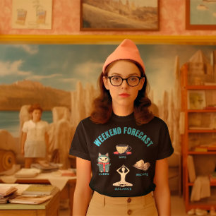 Camiseta Gatos de Previsão de Fim de Semana, Café, Livros, 