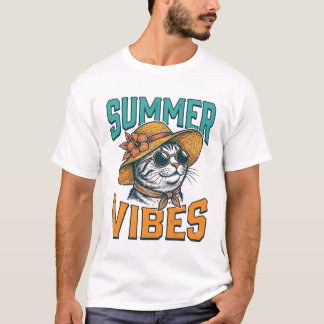 Camiseta Gatos de Vibrações de Verão Design de Gravura Vint
